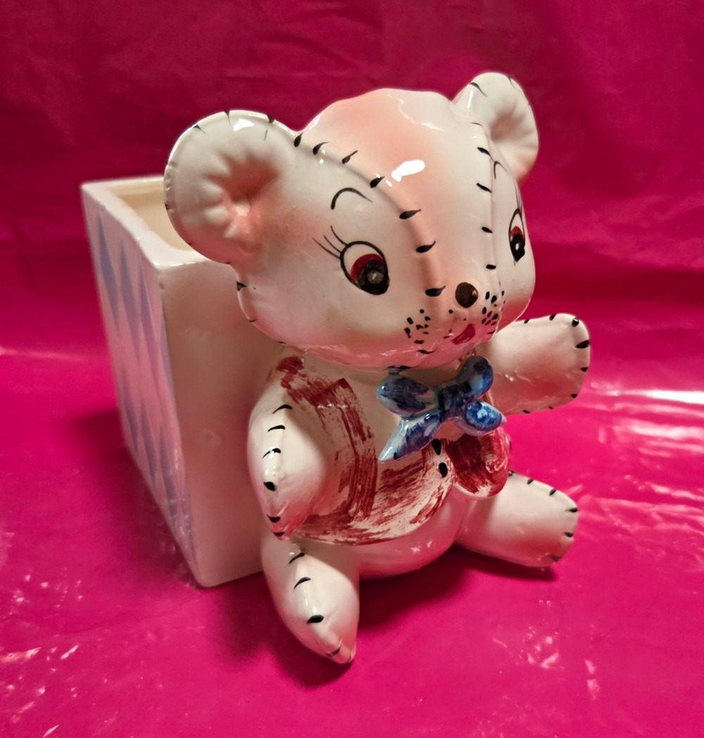 Vtg Ceramic Hand Painted Glazed Teddy Bear Planter Square Harlequin Pink Blue